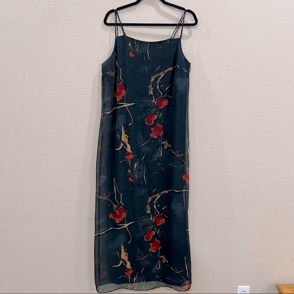 St Tropez West Dress 14 Black Red Floral Spagetti Shift Midi VTG 90s Y2K Goth - Picture 1 of 11